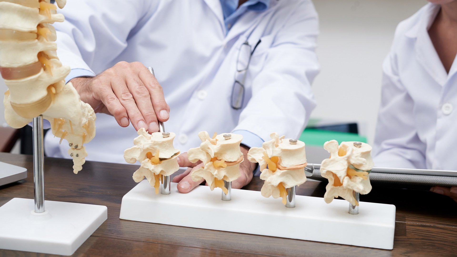 Doctor showing various spinal sections showing intervertebral disc space disease